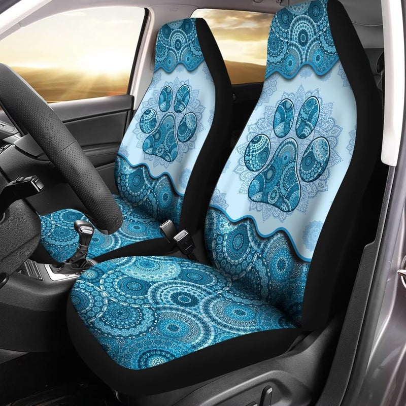 Howilath Universal Car Seat Covers Full Set of 2, Light Blue Boho Mandala Dog Paw Print Auto Front Bucket Seats Protector Car SUV Interior Accessories - Image 1